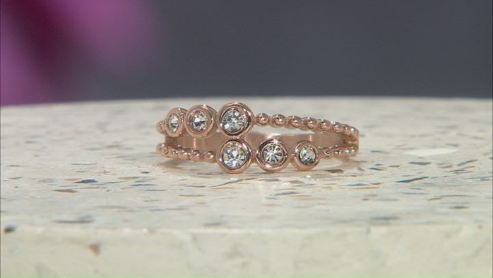 Rose Tone Stainless Steel Double Beaded White Crystal  Band Ring Video Thumbnail