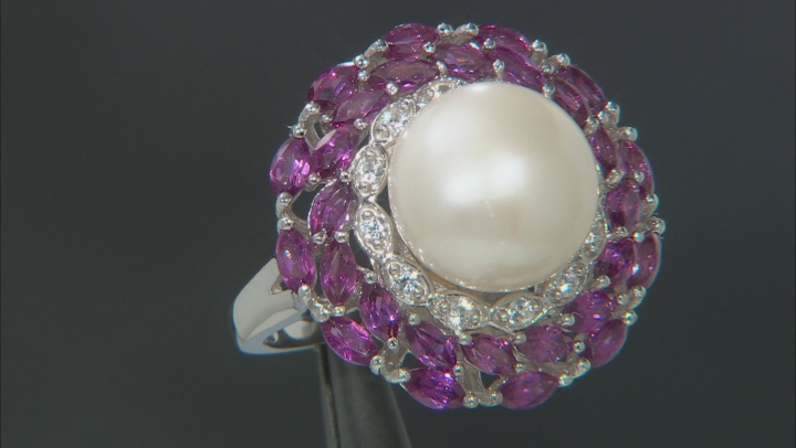 White Cultured Freshwater Pearl With Rhodolite And White Zircon Rhodium Over Sterling Silver Ring Video Thumbnail