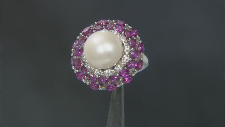 White Cultured Freshwater Pearl With Rhodolite And White Zircon Rhodium Over Sterling Silver Ring Video Thumbnail