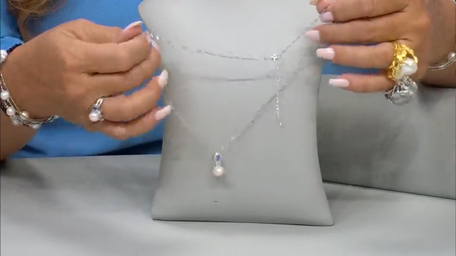 White Cultured Freshwater Pearl With Tanzanite & Zircon Rhodium Over Silver Pendant With Chain Video Thumbnail
