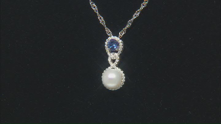 White Cultured Freshwater Pearl With Tanzanite & Zircon Rhodium Over Silver Pendant With Chain Video Thumbnail