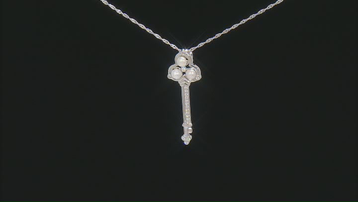 White Cultured Freshwater Pearl & White Cubic Zirconia Rhodium Over Silver Key Pendant With Chain Video Thumbnail