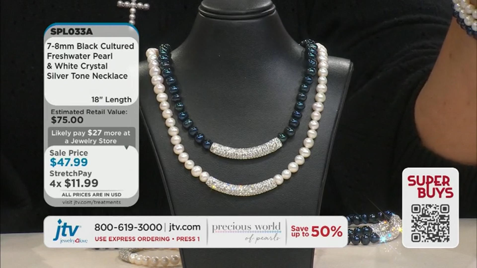 Black Cultured Freshwater Pearl White Crystal Silver Tone Necklace Video Thumbnail