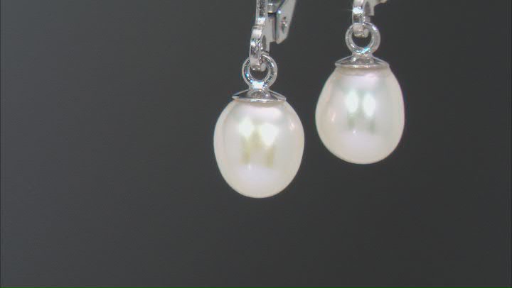 White Cultured Freshwater Pearls Rhodium Over Sterling Silver Drop Earrings Video Thumbnail