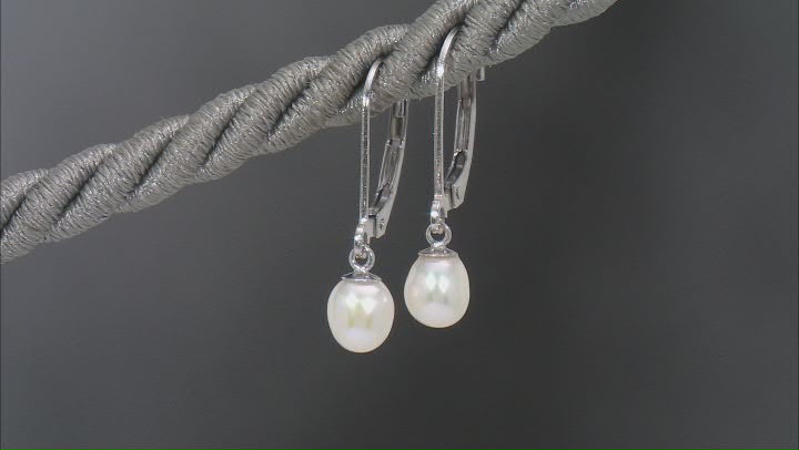 White Cultured Freshwater Pearls Rhodium Over Sterling Silver Drop Earrings Video Thumbnail