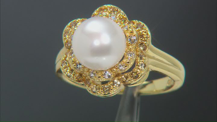 White Cultured Freshwater Pearl with White Topaz & Citrine 18k Yellow Gold Over Silver Ring Video Thumbnail