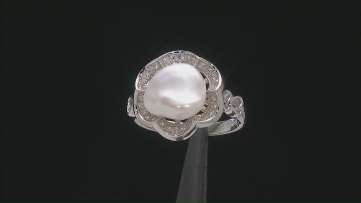 White Cultured Keshi Freshwater Pearl And White Cubic Zirconia Rhodium Over Sterling Silver Ring Video Thumbnail