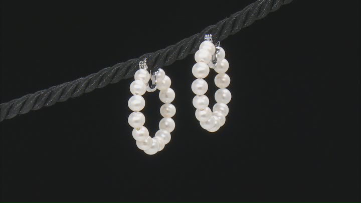 White Cultured Freshwater Pearl Rhodium Over Sterling Silver Hoop Earrings Video Thumbnail