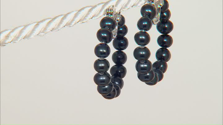 Black Cultured Freshwater Pearl Rhodium Over Sterling Silver Hoop Earrings Video Thumbnail