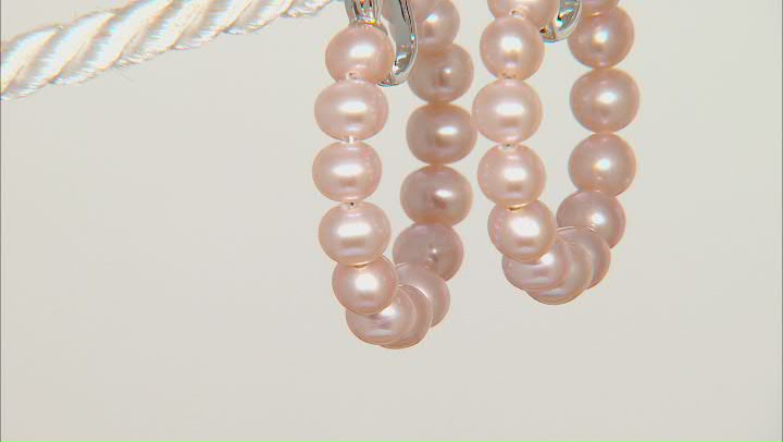 Pink Cultured Freshwater Pearl Rhodium Over Sterling Silver Hoop Earrings Video Thumbnail