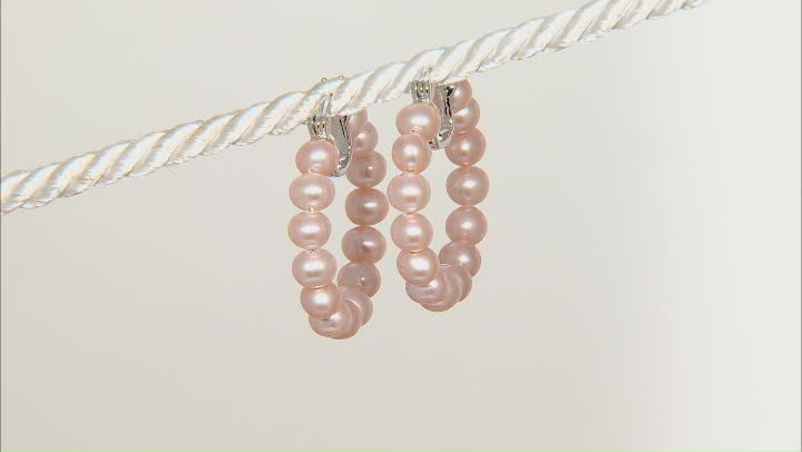 Pink Cultured Freshwater Pearl Rhodium Over Sterling Silver Hoop Earrings Video Thumbnail