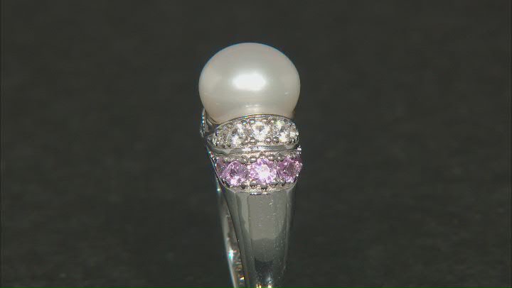 White Cultured Freshwater Pearl with Pink Sapphire & White Zircon Rhodium Over Silver Ring Video Thumbnail