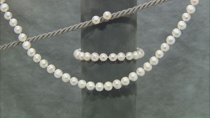 White Cultured Freshwater Pearl Rhodium Over Silver Necklace, Bracelet, and Earring Set Video Thumbnail