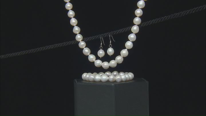 Genusis™ Cultured Freshwater Pearl Rhodium Over Silver Necklace, Bracelet, & Earring Boxed Set Video Thumbnail