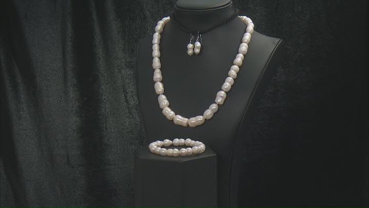 Cultured Freshwater Pearl Rhodium Over Sterling Silver 20 Inch Necklace Bracelet Earring Set Video Thumbnail