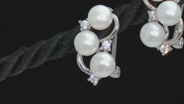 White Cultured Freshwater Pearl and White Cubic Zirconia Rhodium Over Sterling Silver Earrings Video Thumbnail