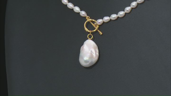 15mm and 5mm White Cultured Freshwater Pearl 18k Yellow Gold Over Silver 20 Inch Necklace Video Thumbnail