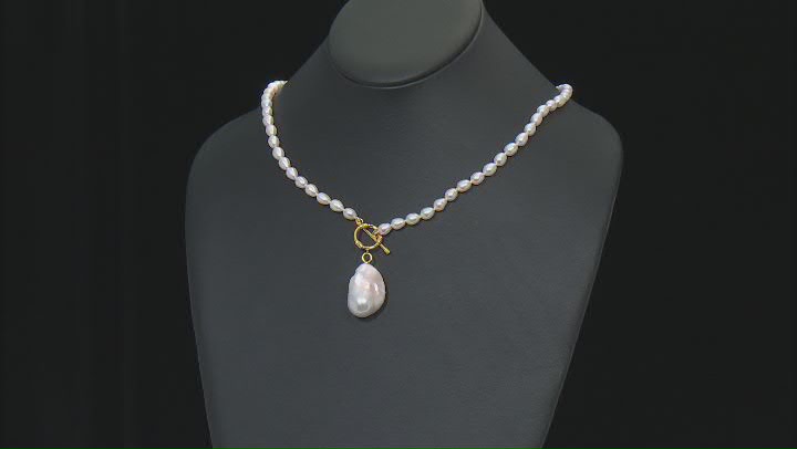 15mm and 5mm White Cultured Freshwater Pearl 18k Yellow Gold Over Silver 20 Inch Necklace Video Thumbnail