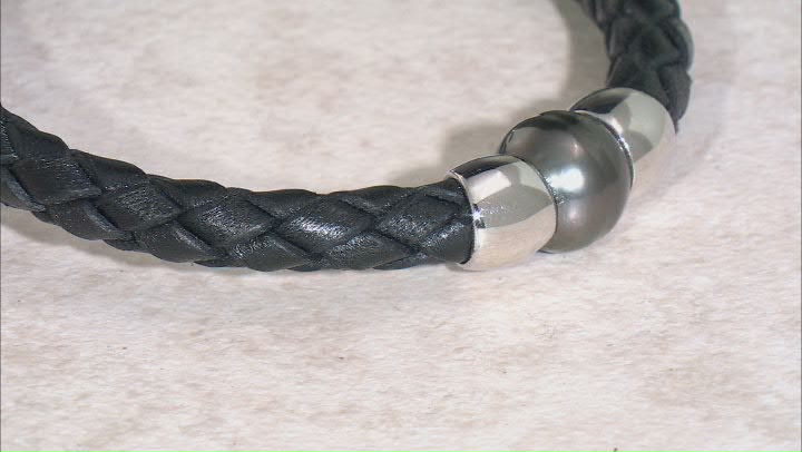 Cultured Tahitian Pearl Rhodium Over Sterling Silver & Black Leather Bypass Bracelet Video Thumbnail
