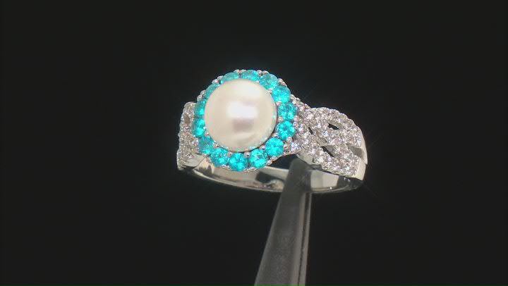 White Cultured Freshwater Pearl with Neon Apatite and White Zircon Rhodium Over Sterling Silver Ring Video Thumbnail