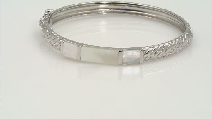 White Mother-of-Pearl Rhodium Over Sterling Silver Bangle Bracelet Video Thumbnail