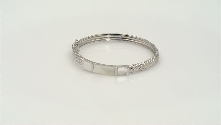 White Mother-of-Pearl Rhodium Over Sterling Silver Bangle Bracelet Video Thumbnail