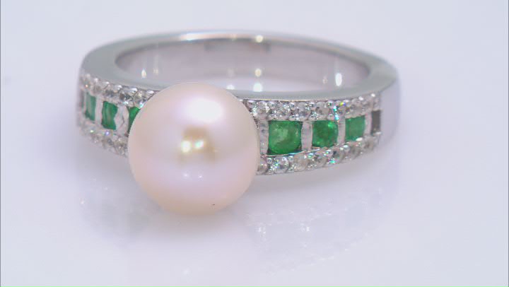 Cultured Freshwater Pearl with Zambian Emerald and White Zircon Rhodium Over Sterling Silver Ring Video Thumbnail
