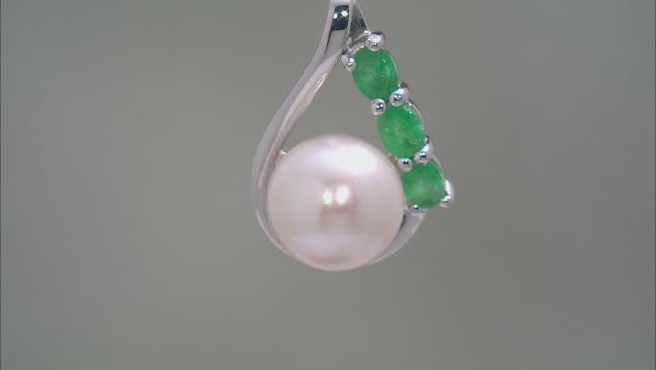 Cultured Freshwater Pearl with Zambian Emerald Rhodium Over Sterling Silver Pendant with Chain Video Thumbnail