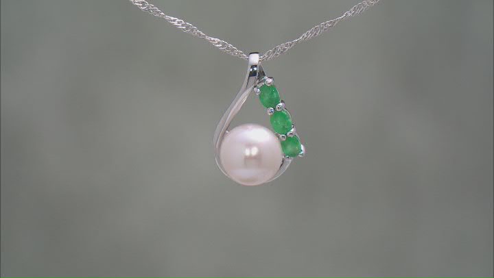 Cultured Freshwater Pearl with Zambian Emerald Rhodium Over Sterling Silver Pendant with Chain Video Thumbnail