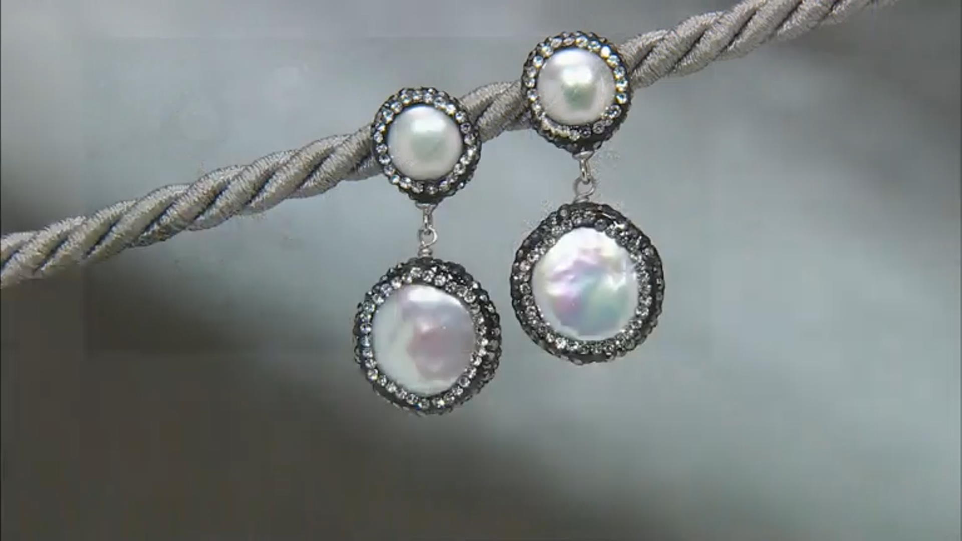 White Cultured Freshwater Pearl with Multi-Color Crystal Accents Rhodium Over Silver Earrings Video Thumbnail