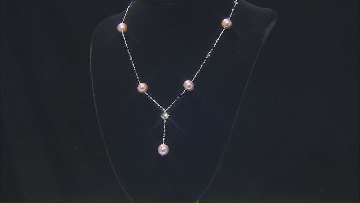 Cultured Kasumiga Pearl And Cubic Zirconia Rhodium Over Sterling Silver Station Necklace Video Thumbnail