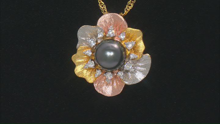 Cultured Tahitian Pearl with White Topaz Rhodium & 18k Yellow & Rose Gold Over Silver Pendant Video Thumbnail