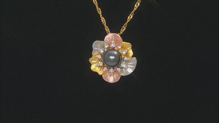 Cultured Tahitian Pearl with White Topaz Rhodium & 18k Yellow & Rose Gold Over Silver Pendant Video Thumbnail