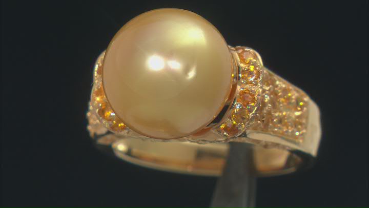 Golden Cultured South Sea Pearl and Citrine 18k Yellow Gold Over Sterling Silver Ring Video Thumbnail