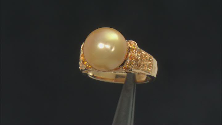 Golden Cultured South Sea Pearl and Citrine 18k Yellow Gold Over Sterling Silver Ring Video Thumbnail