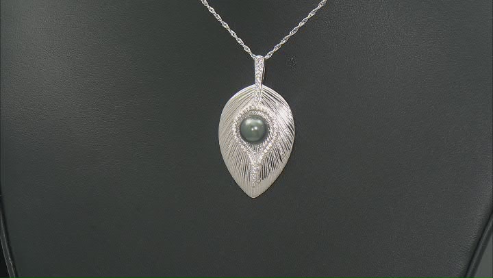 Cultured Tahitian Pearl and White Zircon Rhodium Over Sterling Silver Pendant with Chain Video Thumbnail