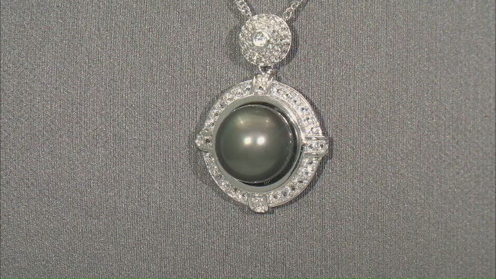 Black Cultured Tahitian Pearl And White Topaz Rhodium Over Sterling Silver Pendant With Chain Video Thumbnail