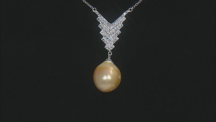 Golden Cultured South Sea Pearl and White Topaz Rhodium Over Sterling Silver 20 Inch Necklace Video Thumbnail