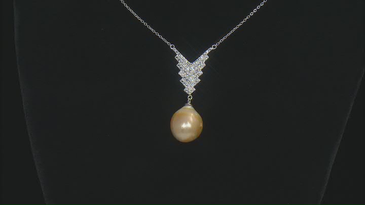 Golden Cultured South Sea Pearl and White Topaz Rhodium Over Sterling Silver 20 Inch Necklace Video Thumbnail