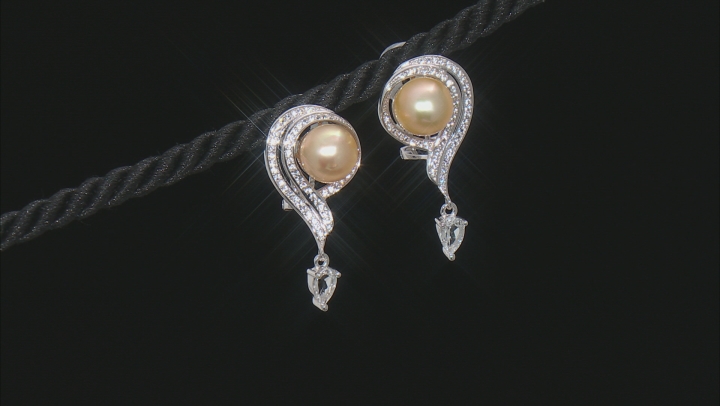 Golden Cultured South Sea Pearl And White Topaz Rhodium Over Sterling Silver Earrings Video Thumbnail