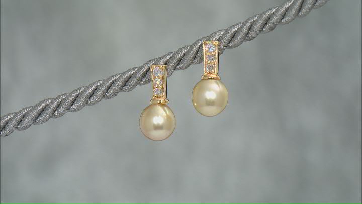 Golden Cultured South Sea Pearl With Moissanite 18k Yellow Gold Over Sterling Silver Earrings Video Thumbnail