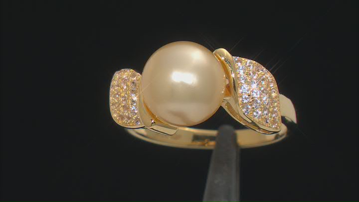 Golden Cultured South Sea Pearl and White Topaz 18k Yellow Gold Over Sterling Silver Ring Video Thumbnail