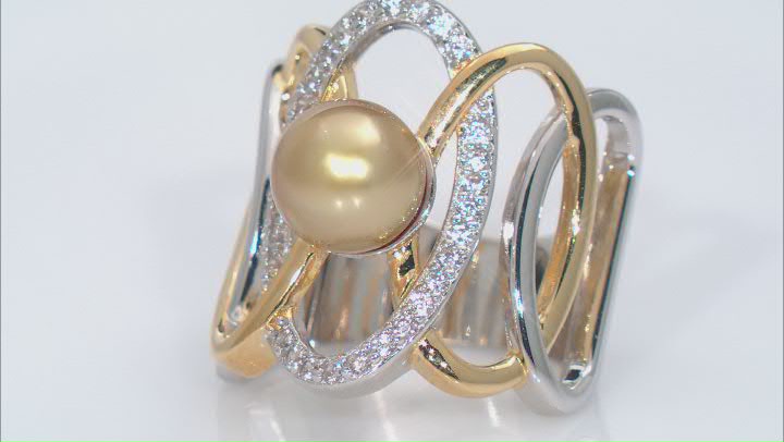 Golden Cultured South Sea Pearl with White Zircon Rhodium & 18k Yellow Gold Over Silver Ring Video Thumbnail