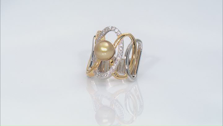 Golden Cultured South Sea Pearl with White Zircon Rhodium & 18k Yellow Gold Over Silver Ring Video Thumbnail
