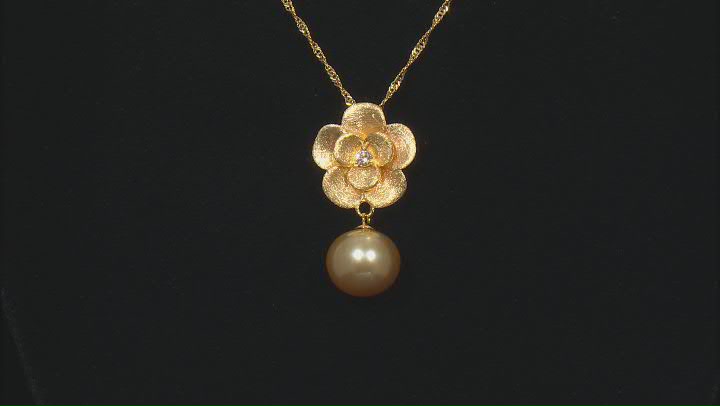 Cultured South Sea Pearl and White Zircon 18k Yellow Gold Over Sterling Silver Pendant with Chain Video Thumbnail