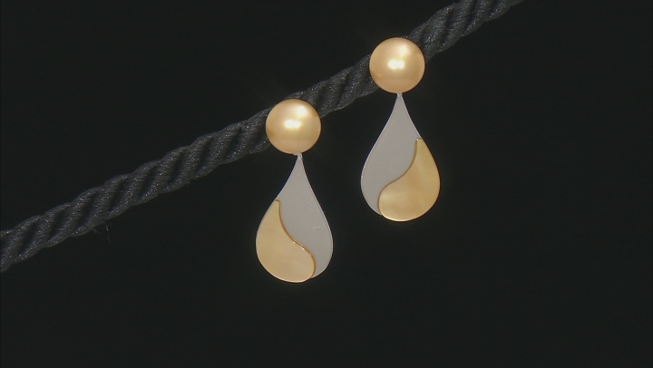 Golden Cultured South Sea and South Sea Mother-of-Pearl Rhodium Over Sterling Silver Earrings Video Thumbnail