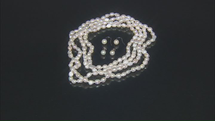 White Cultured Freshwater Pearl Rhodium Over Sterling Silver 63 Inch Necklace And Earring Set Video Thumbnail