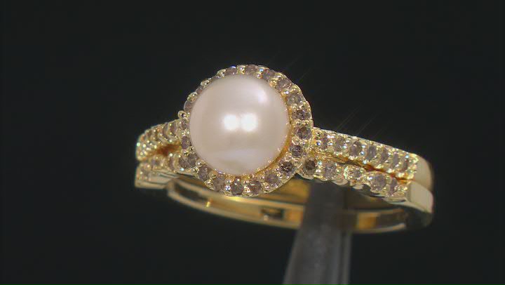 Cultured Freshwater Pearl And Champagne Diamond 18k Gold Over Silver Ring Set .35ctw Video Thumbnail