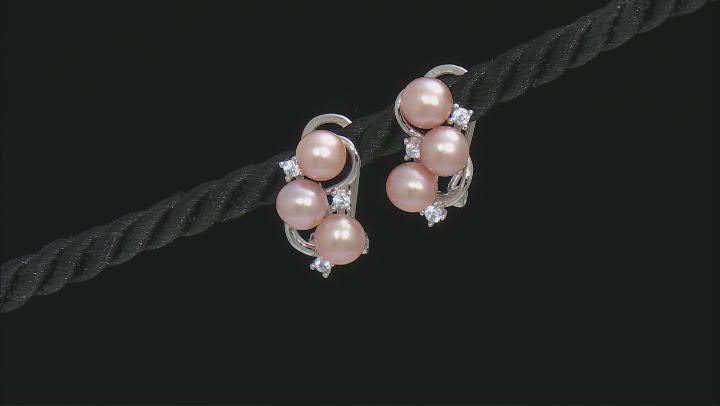 Pink Cultured Freshwater Pearl and White Cubic Zirconia Rhodium Over Sterling Silver Earrings Video Thumbnail