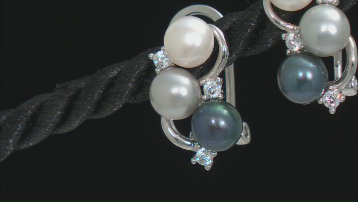 Multi-color Cultured Freshwater Pearl and White Cubic Zirconia Rhodium Over Sterling Silver Earrings Video Thumbnail